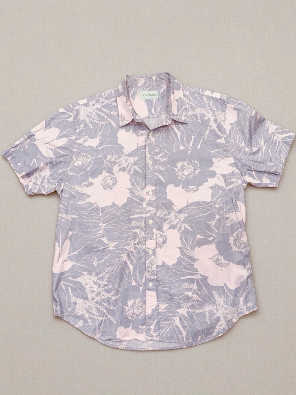 Coastaoro Short-Sleeve Floral Button-Down Shirt — Light Gray & Pale Pink